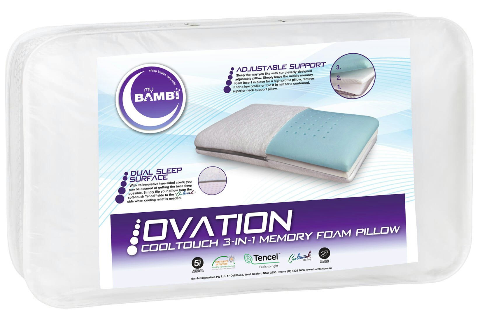 Bambi Ovation Adjustable Height Memory Foam Pillow Packaging