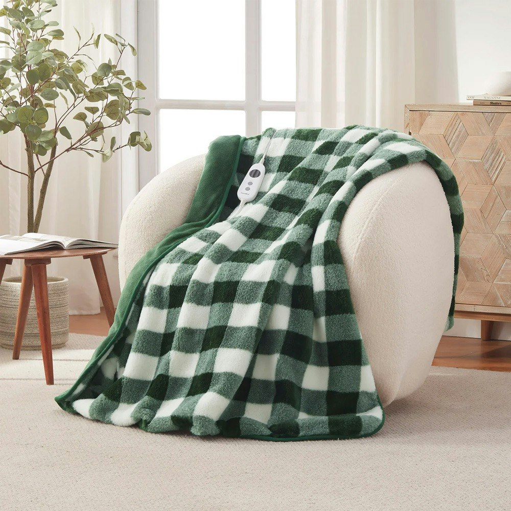 Dreamaker Gingham Plush Reversible Heated Throw Blanket. Lifestyle
