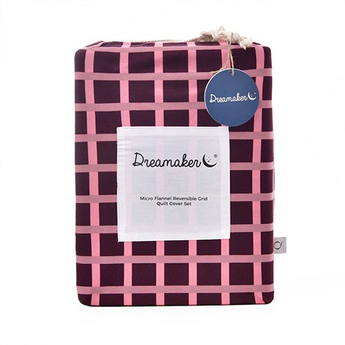 Dreamaker Micro Flannel Reversible Grid Quilt Cover Set Cherry