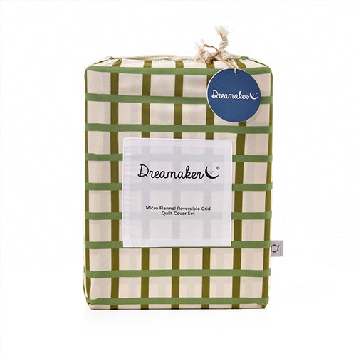 Dreamaker Micro Flannel Reversible Grid Quilt Cover Set Olive