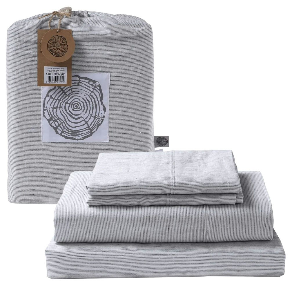 Natural Home Classic Pinstripe Linen Sheet Set White Packaging