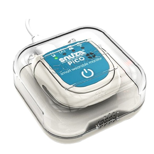 Snuza Pico Smart Wearable Baby Monitor attached to the nappy of the baby