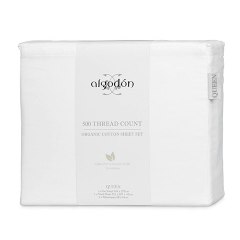 Algodon 500 Thread Count Organic Cotton Sheet Set White Packaging