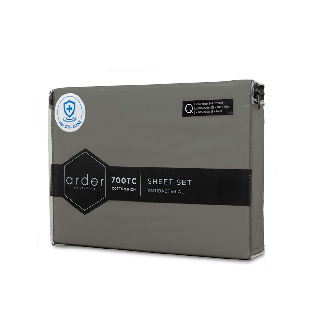 Ardor Home 700 Thread Count Antibacterial Cotton Rich Sheet Set Charcoal Packaging
