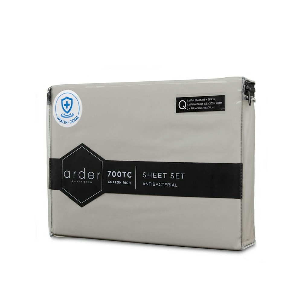 Ardor Home 700 Thread Count Antibacterial Cotton Rich Sheet Set Silver Packaging