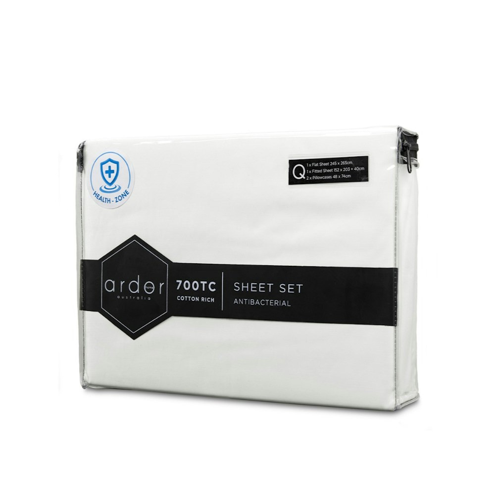 Ardor Home 700 Thread Count Antibacterial Cotton Rich Sheet Set White Packaging