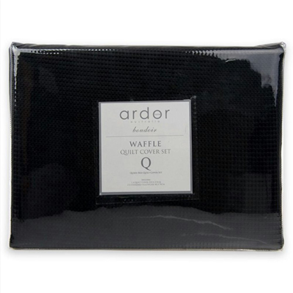 Ardor Boudoir Waffle Quilt Cover Set Stone Detailed Black Packaging