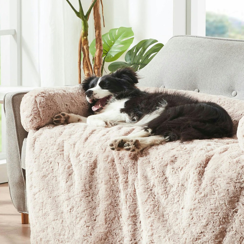 Charlie's VIP Lush Faux Fur Bolster Sofa Protector Calming Dog Bed Natural