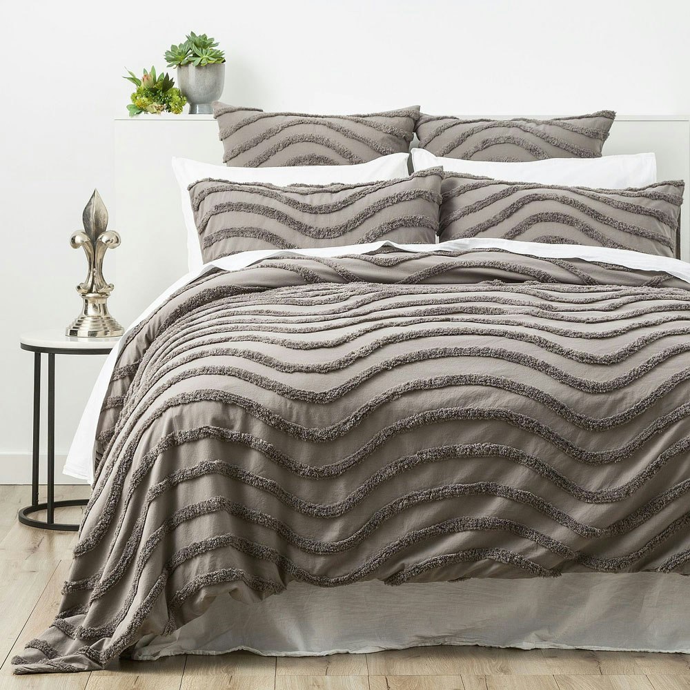 Cloud Linen Wave 100% Cotton Chenille Vintage Washed Tufted Quilt Cover Set Grey