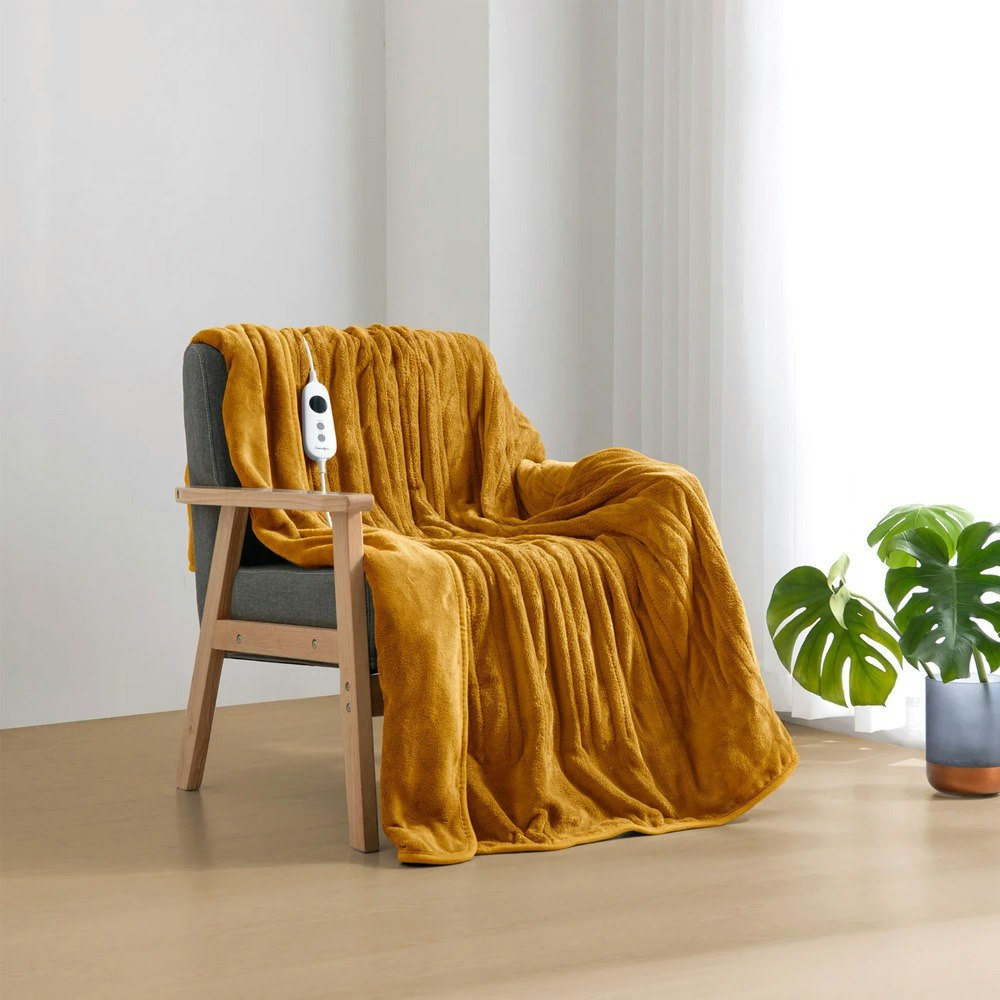Dreamaker Coral Fleece Reversible Heated Throw Blanket Mustard