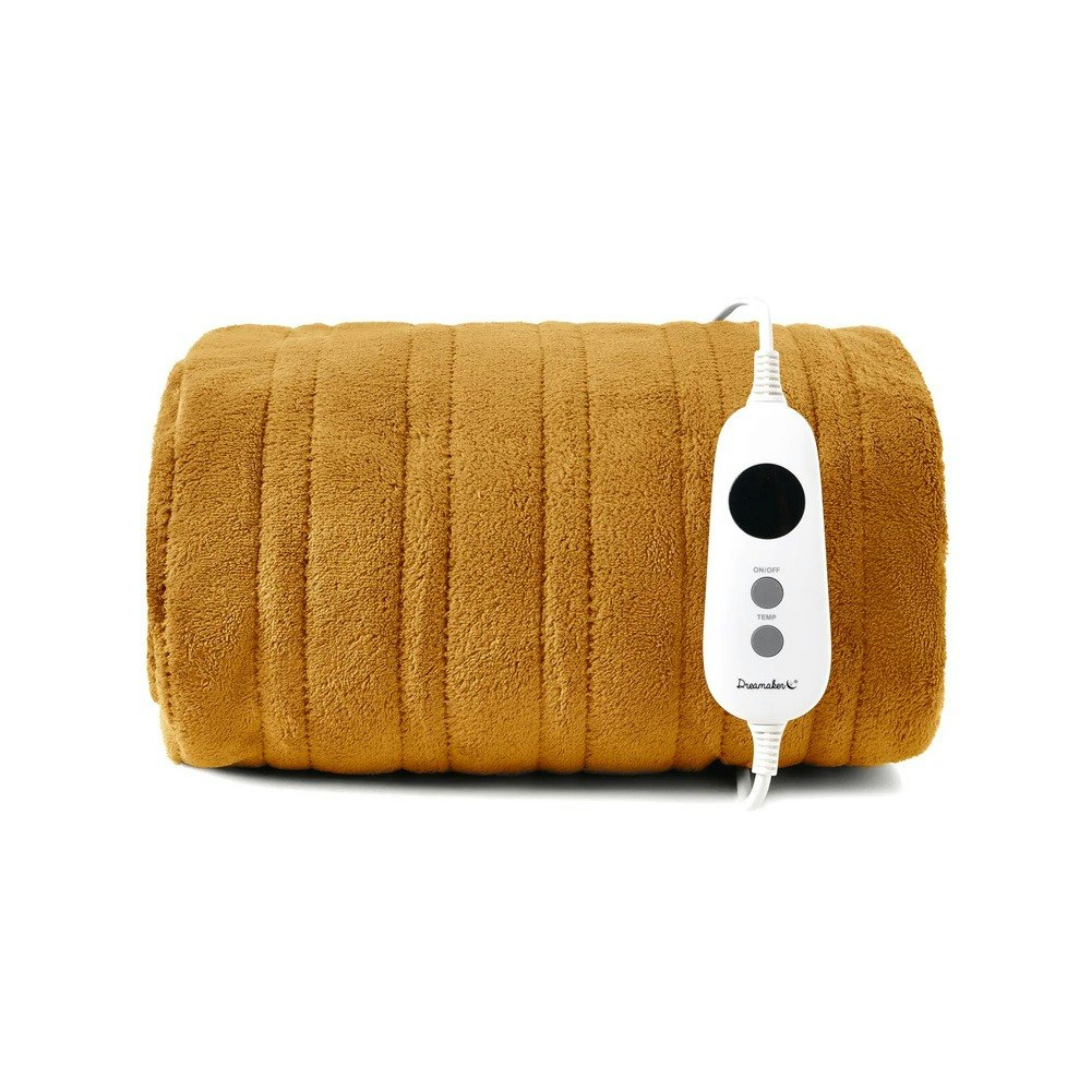 Dreamaker Coral Fleece Reversible Heated Throw Blanket Mustard