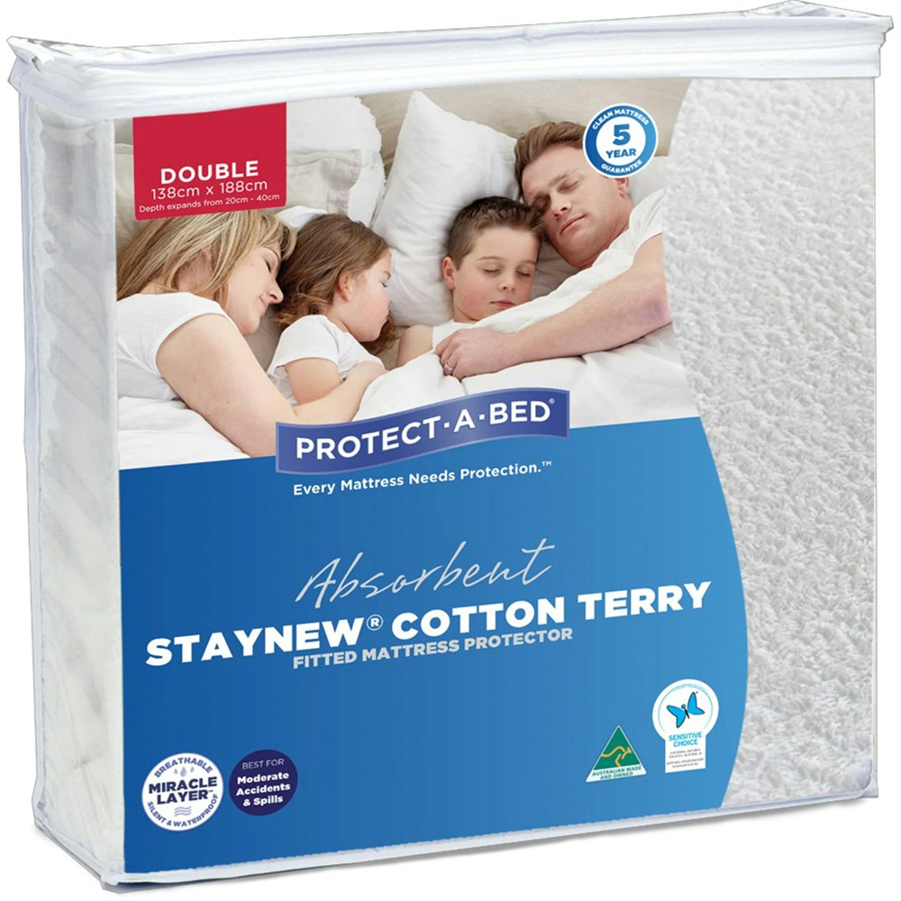 Protect-A-Bed Absorbent Cotton Terry Staynew Fitted Waterproof Mattress Protector Double