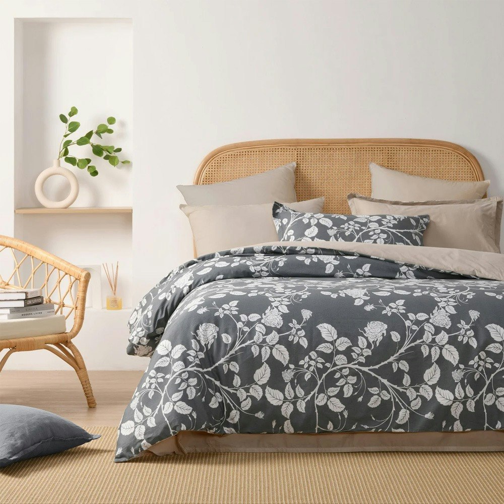 Dreamaker Felicity 100% Cotton Reversible Quilt Cover Set Charcoal
