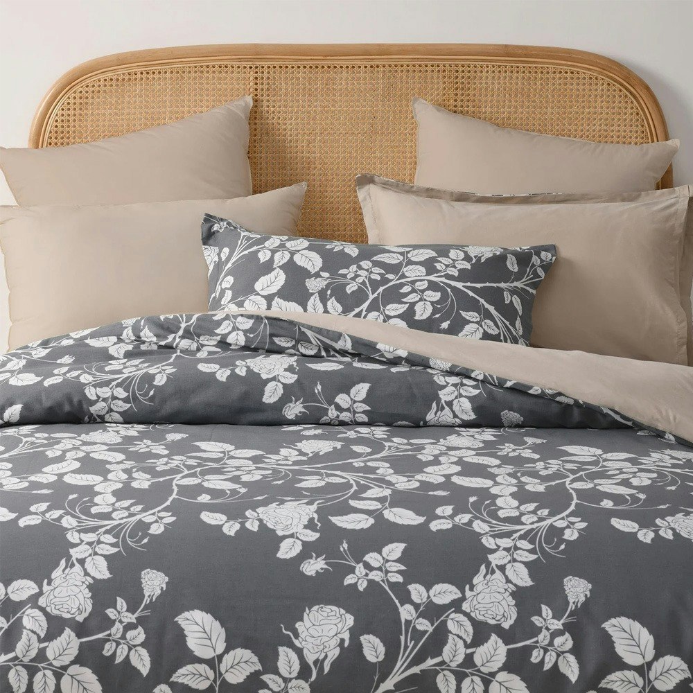 Dreamaker Felicity 100% Cotton Reversible Quilt Cover Set Charcoal
