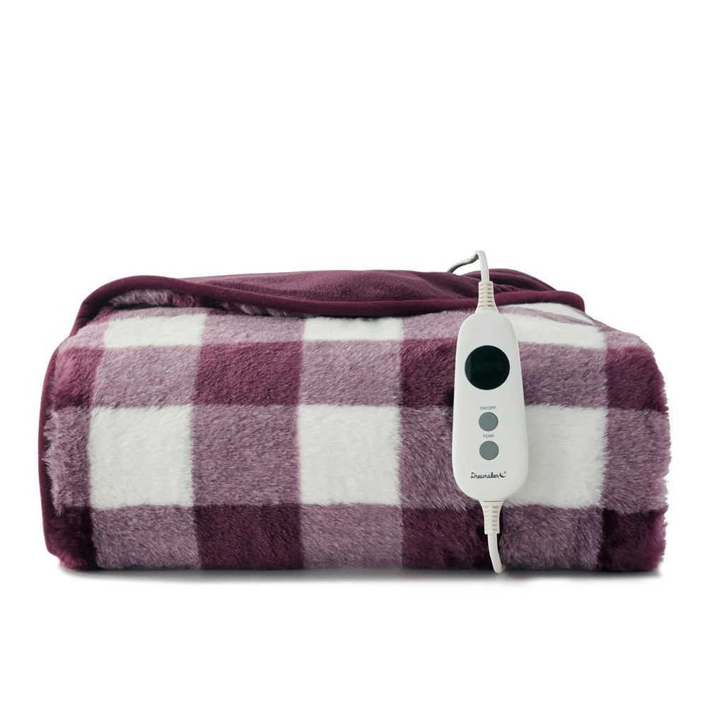 Dreamaker Gingham Plush Reversible Heated Throw Blanket