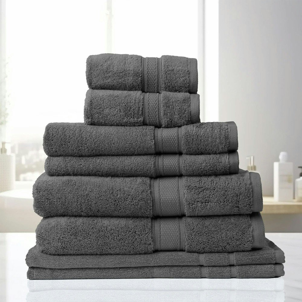 Royal Comfort 8 Piece Luxury Plush 100% Zero Twist Cotton Bath Towel Set Granite