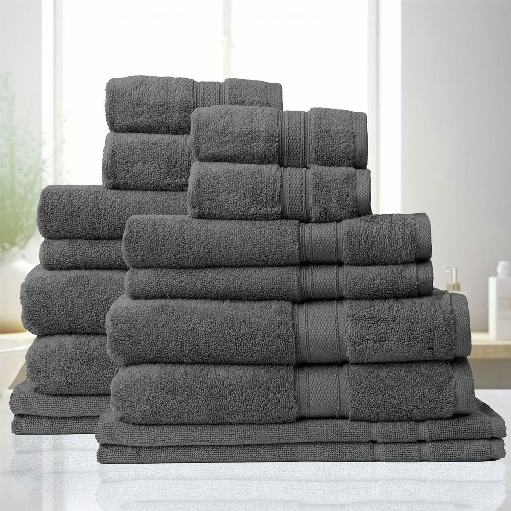 Royal Comfort 16 Piece Luxury Plush 100% Zero Twist Cotton Bath Towel Set Granite