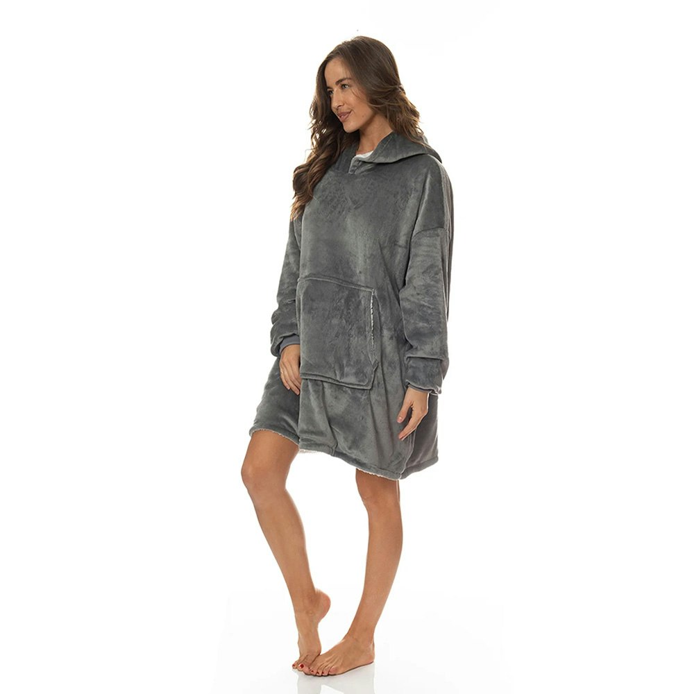 Royal Comfort Reversible Coral Fleece Snug Grey Hoodie Nightwear