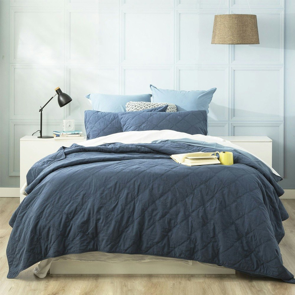 Renee Taylor Attwood Vintage Stone Washed Cotton Quilted Coverlet Set Ink