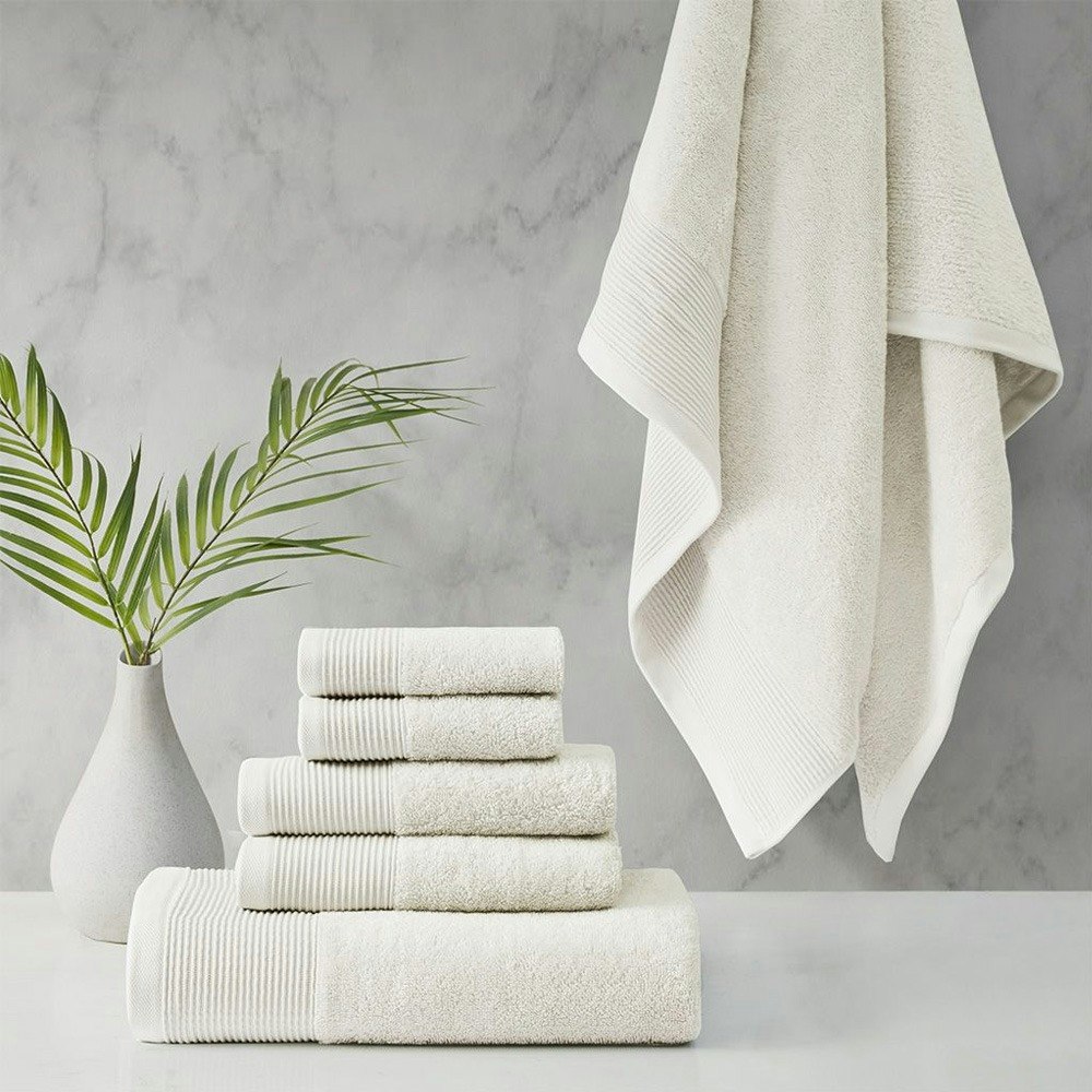 Cloud Linen Retreat Antimicrobial 6 Piece Cotton Tencel Bath Towel Set Ivory