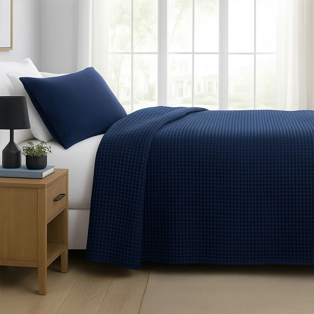 Jason Cotton Waffle Blanket Lifestyle Navy 2