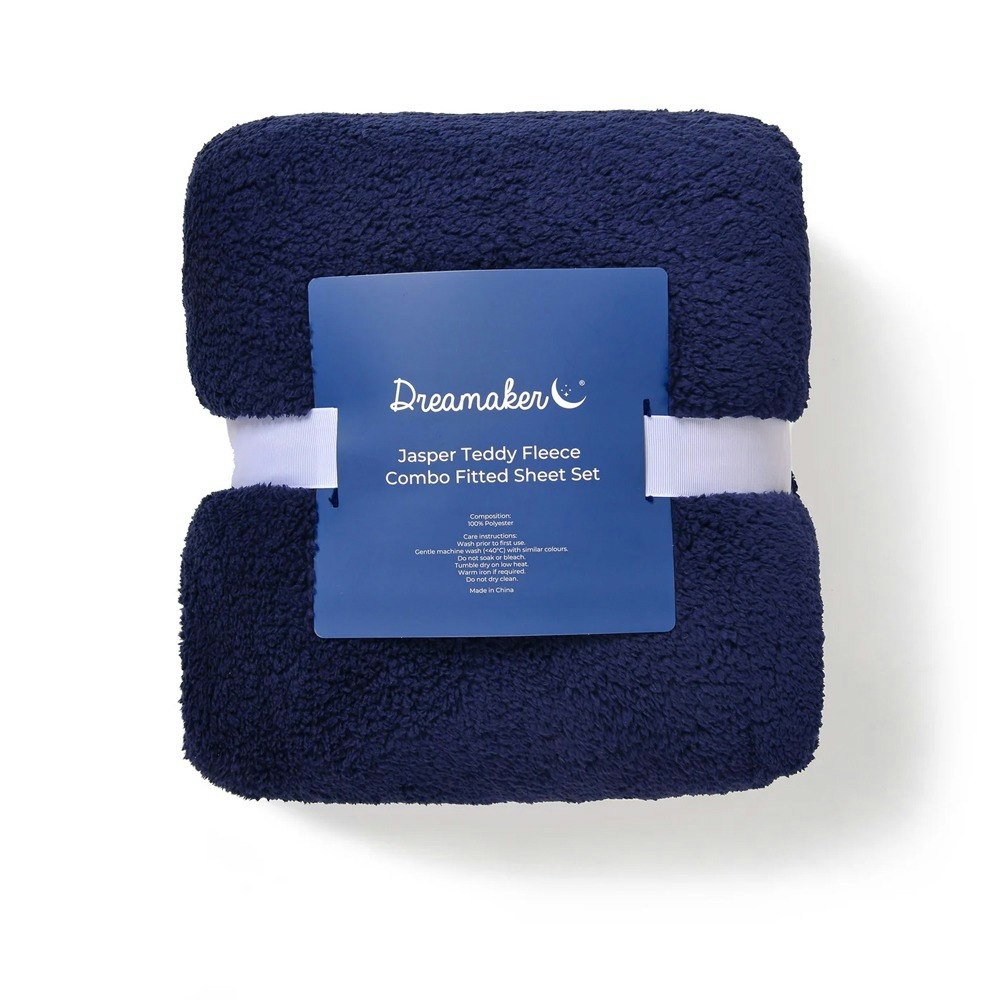 Dreamaker Jasper Teddy Fleece Combo Fitted Sheet Set Midnight Blue