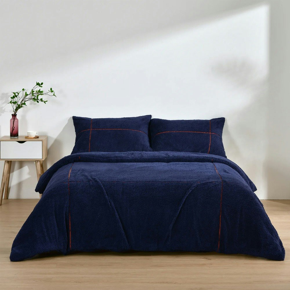 Dreamaker Jasper Teddy Fleece Quilt Cover Set Midnight Blue