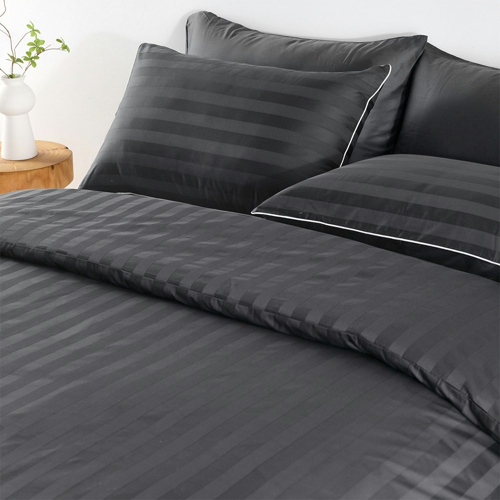 Dreamaker Kensington 600TC 100% Cotton Jacquard Stripe Quilt Cover Set Charcoal