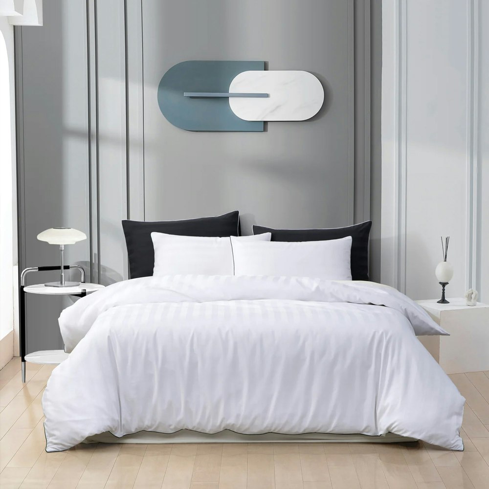 Dreamaker Kensington 600TC 100% Cotton Jacquard Stripe Quilt Cover Set White