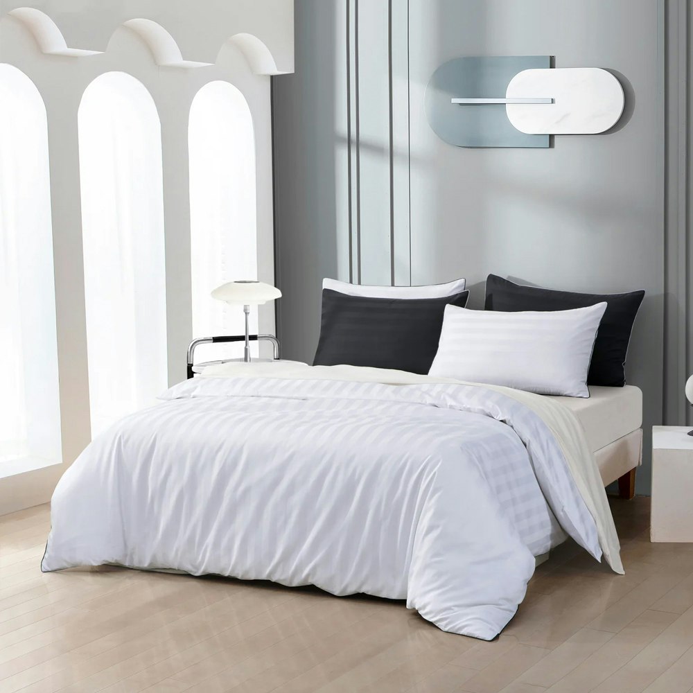 Dreamaker Kensington 600TC 100% Cotton Jacquard Stripe Quilt Cover Set White