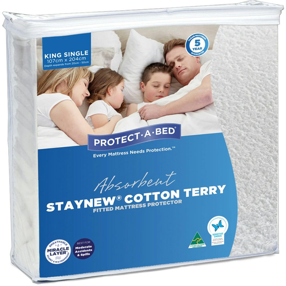 Protect-A-Bed Absorbent Cotton Terry Staynew Fitted Waterproof Mattress Protector King Single