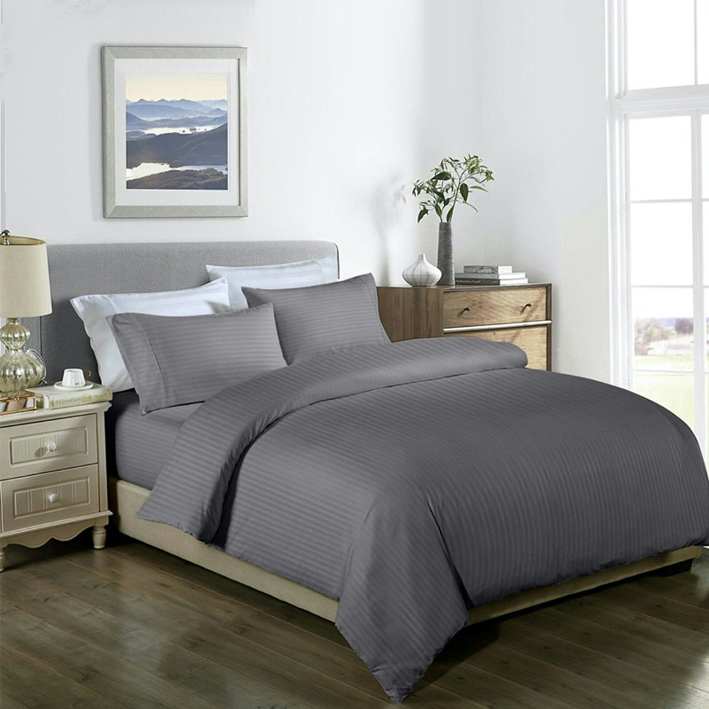 Royal Comfort 1000TC 3 Piece Striped Blended Bamboo Quilt Cover Set - Queen Silver Grey - Side View