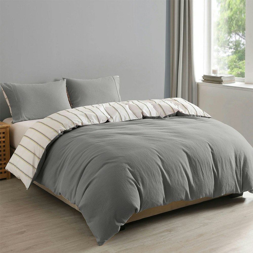 Royal Comfort Hemp Braid Reversible Stripe Quilt Cover Set Light Grey