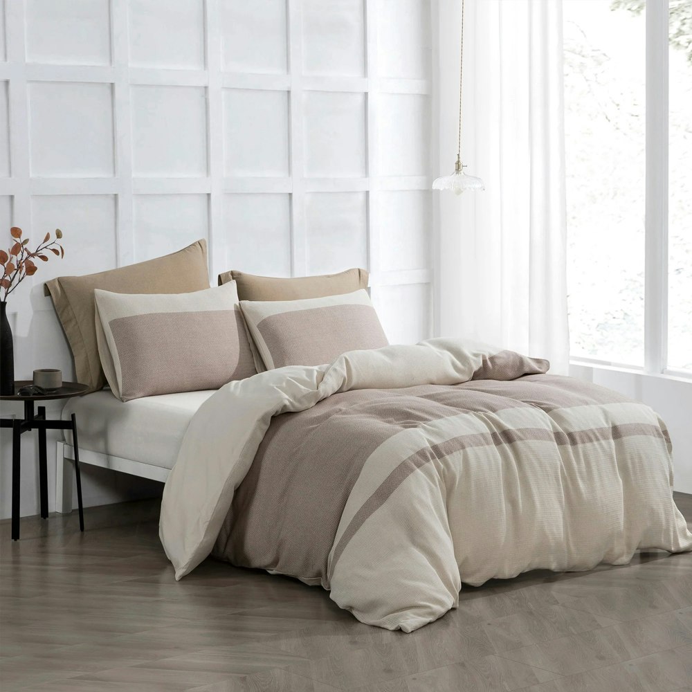 Dreamaker Herringbone 100% Cotton Quilt Cover Set Natural Cream
