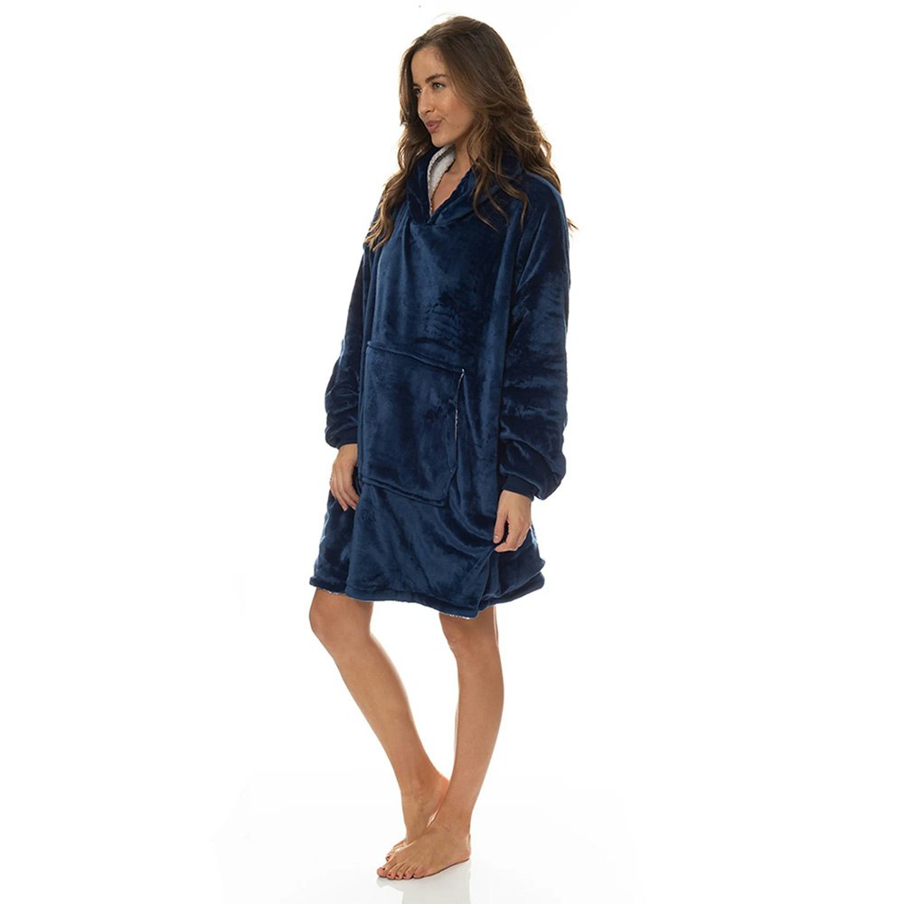 Royal Comfort Reversible Coral Fleece Snug Navy Hoodie Nightwear