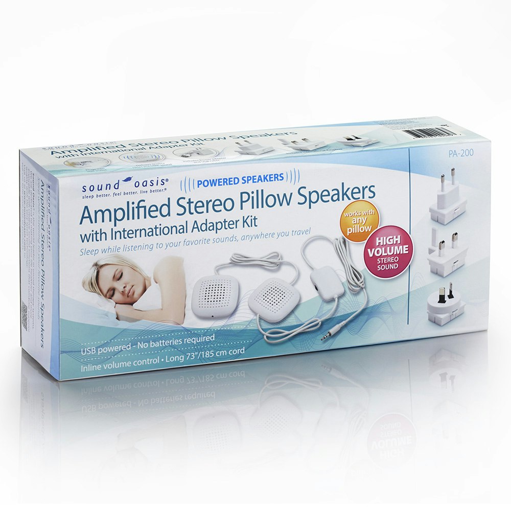 Sound Oasis PA-200 Amplified Stereo Pillow Speakers with Inline Volume Control Packaging Front