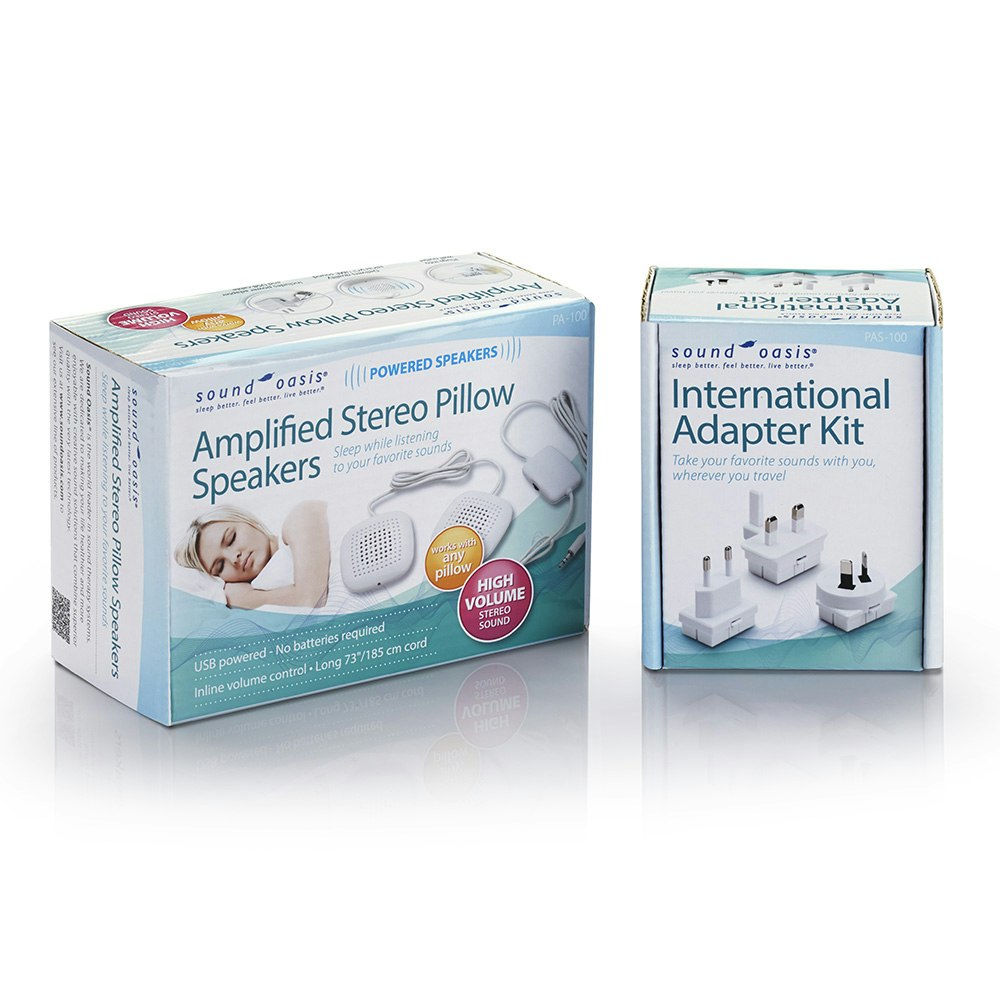Sound Oasis PA-200 Amplified Stereo Pillow Speakers with Inline Volume Control Packaging Front International Kit