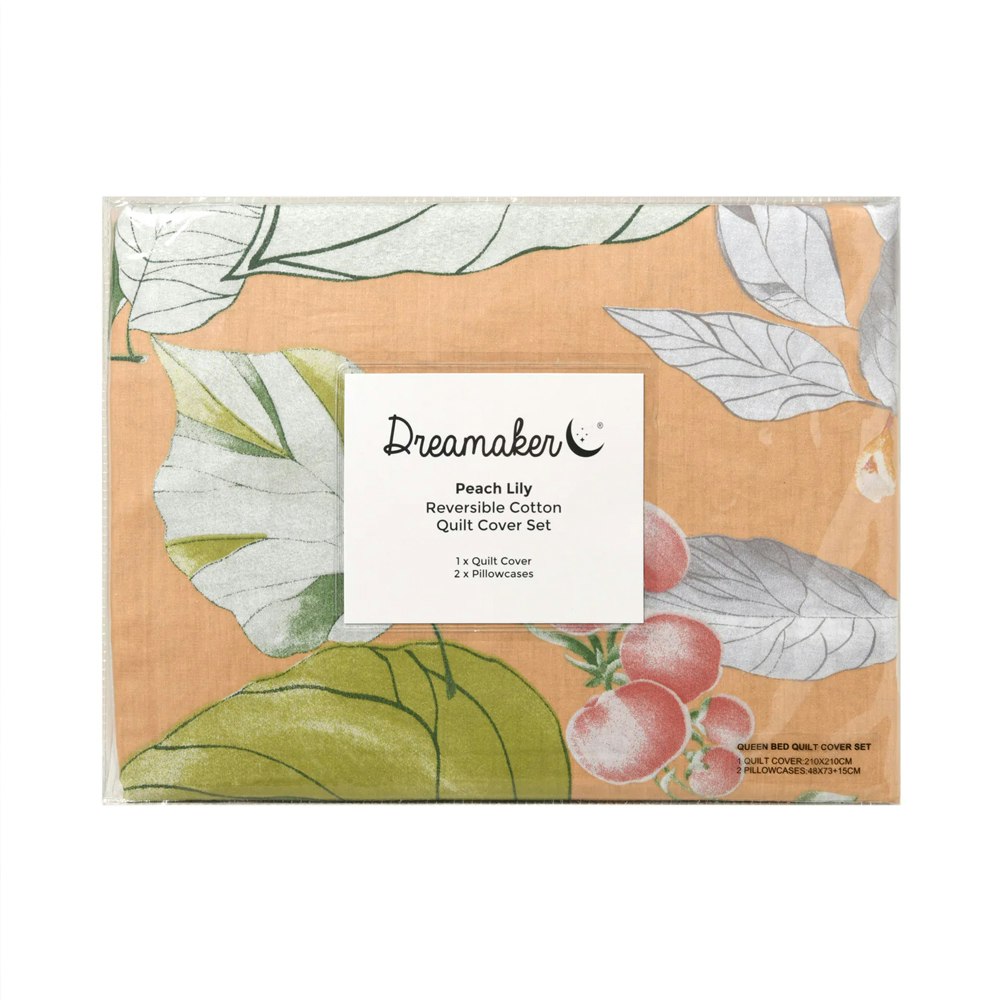 Dreamaker Peach Lily 100% Cotton Reversible Quilt Cover Set