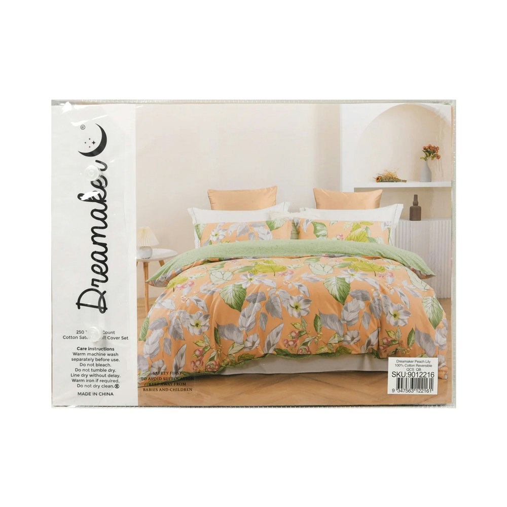 Dreamaker Peach Lily 100% Cotton Reversible Quilt Cover Set