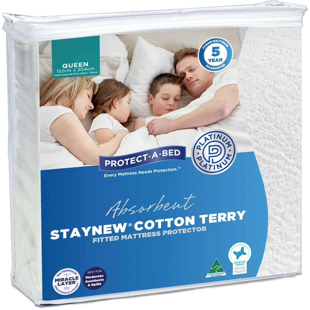 Protect-A-Bed Absorbent Cotton Terry Staynew Fitted Waterproof Mattress Protector Queen