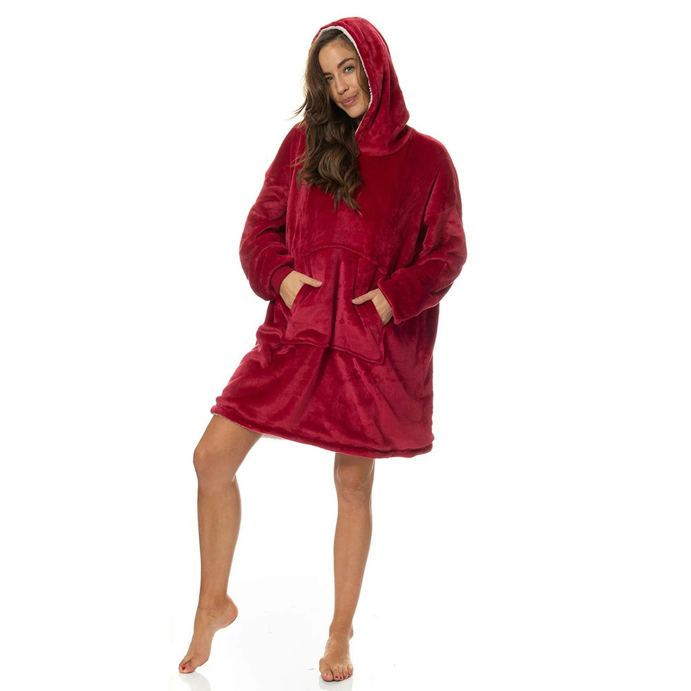 Royal Comfort Reversible Coral Fleece Snug Red Hoodie Nightwear