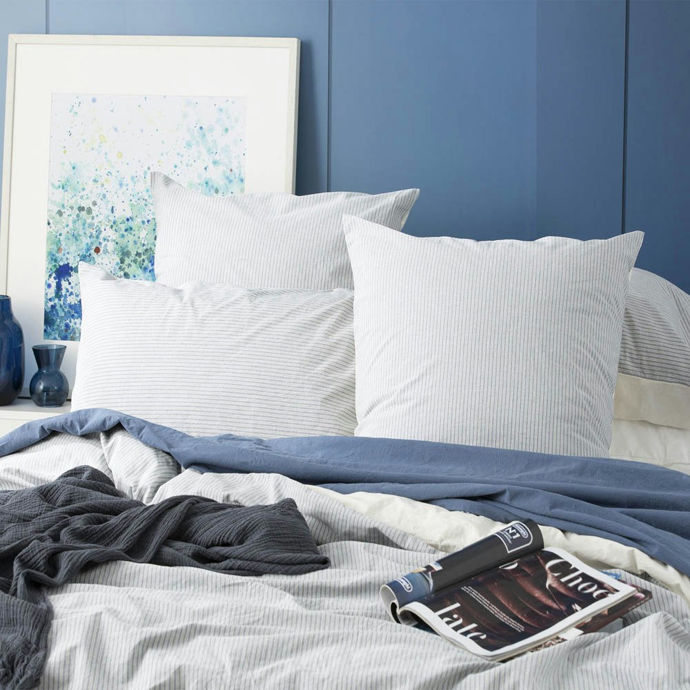 Renee Taylor Portifino Yarn Dyed Vintage Washed Cotton Quilt Cover Set Blue Euro Pillowcase