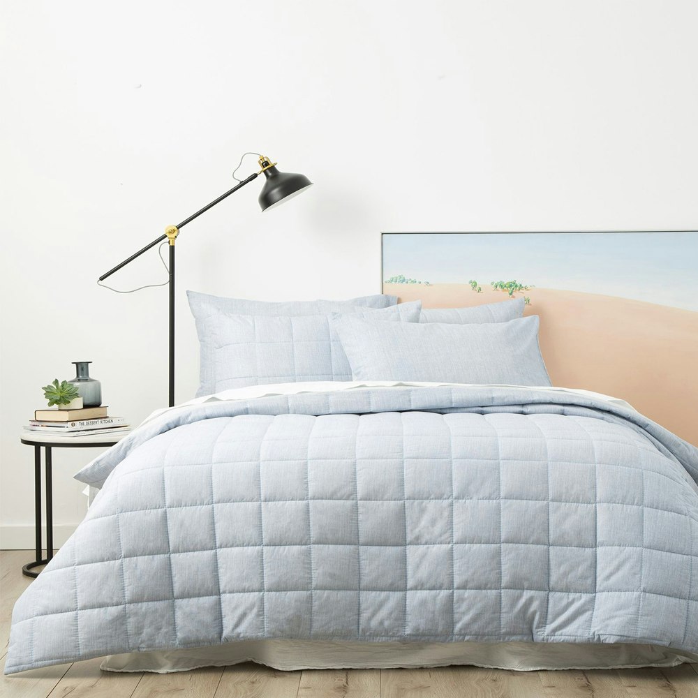 Park Avenue Paradis Washed Chambray Quilted Quilt Cover Set Sky