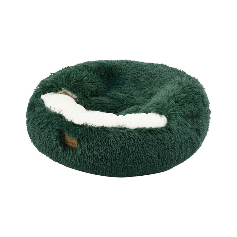 Charlie's Snookie Hooded Pet Bed in Faux Fur Eden Green 1