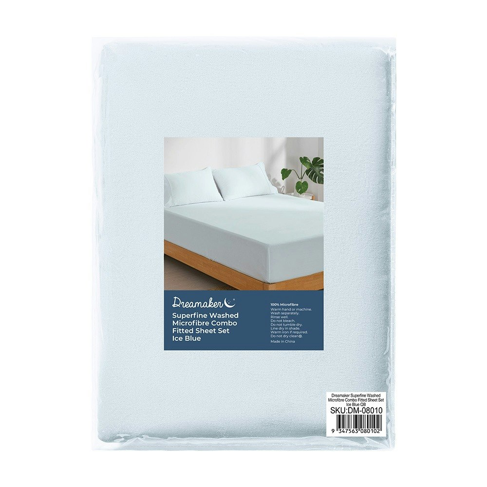 Dreamaker Superfine Washed Microfibre Combo Fitted Sheet Set Ice Blue