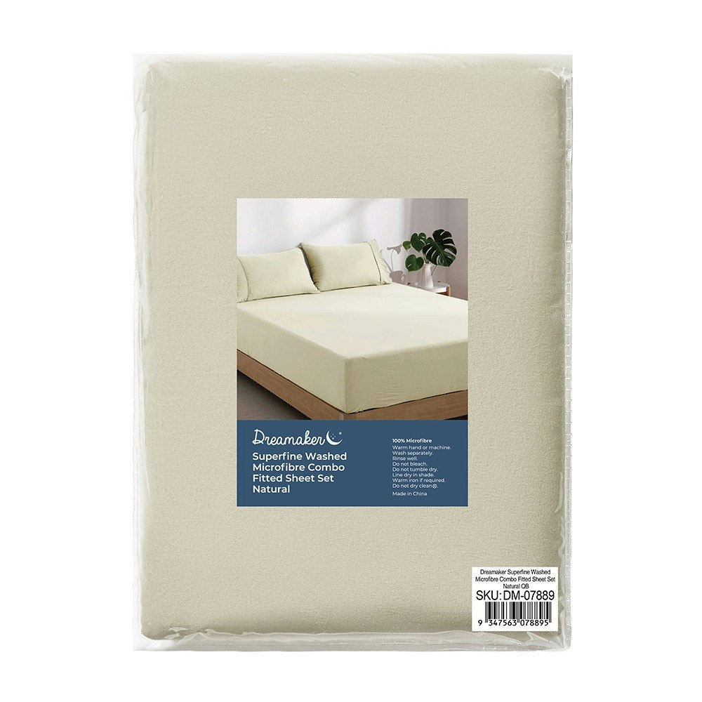 Dreamaker Superfine Washed Microfibre Combo Fitted Sheet Set Natural