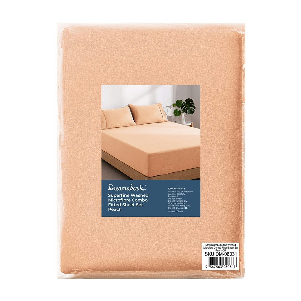 Dreamaker Superfine Washed Microfibre Combo Fitted Sheet Set Peach