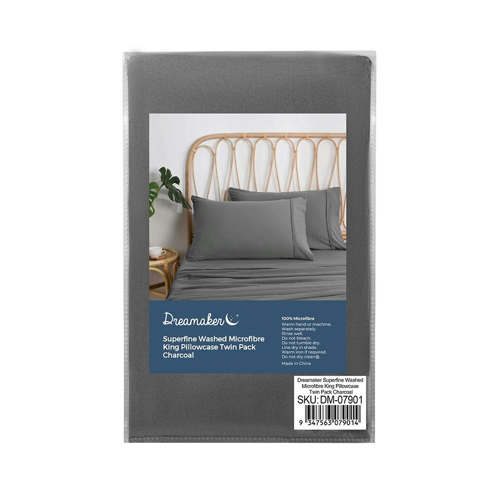 Dreamaker Superfine Washed Microfibre King Pillowcase Twin Pack Charcoal