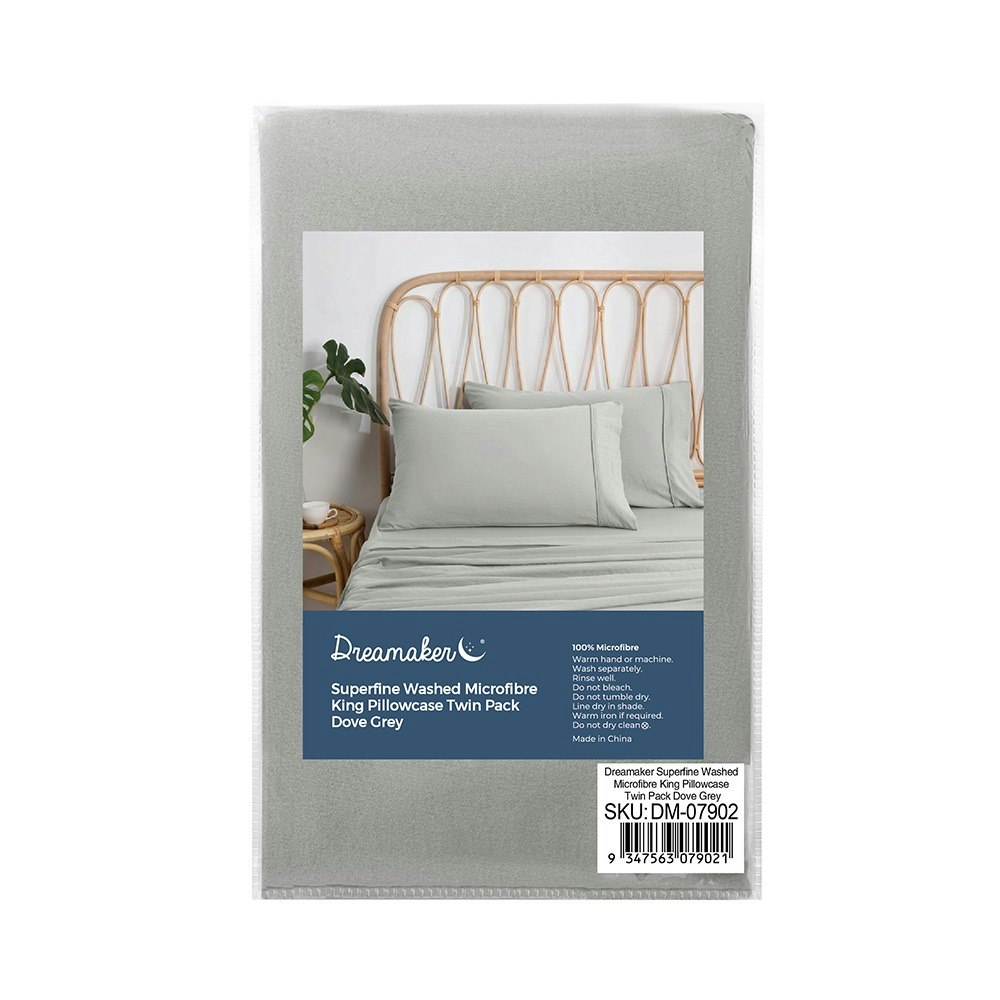 Dreamaker Superfine Washed Microfibre King Pillowcase Twin Pack Dove Grey