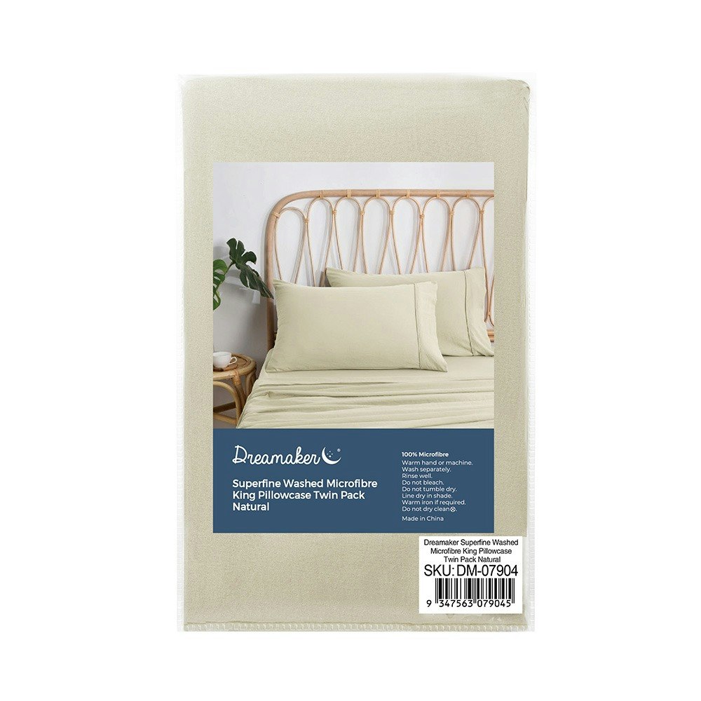 Dreamaker Superfine Washed Microfibre King Pillowcase Twin Pack Natural